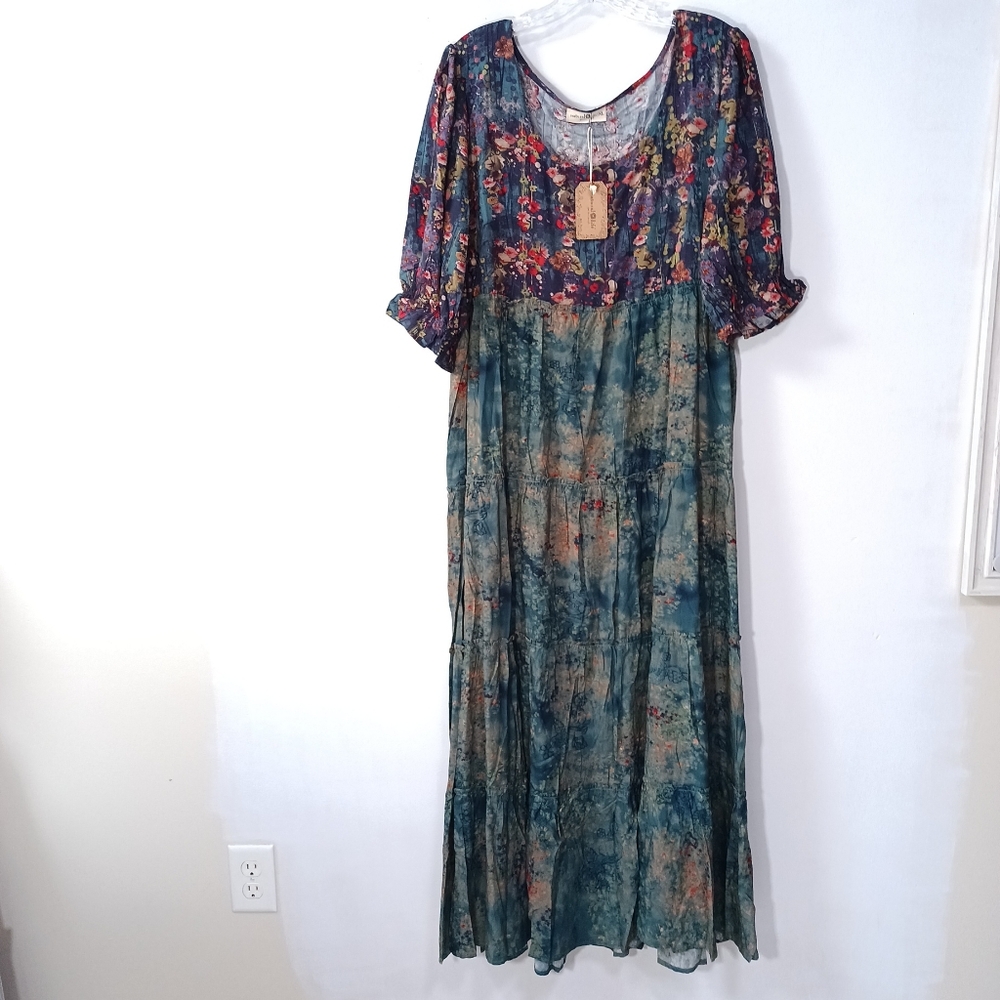 Natural Life Collette Tiered Maxi Dress in Navy Turquoise Floral NWT